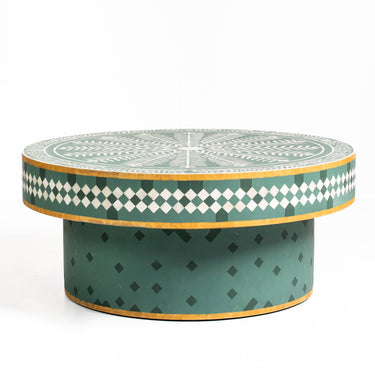 Bone inlay coffee table featuring intricate radial floral pattern in green and white, handcrafted furniture piece