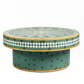 Bone inlay coffee table featuring intricate radial floral pattern in green and white, handcrafted furniture piece
