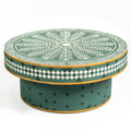 Bone inlay coffee table featuring intricate radial floral pattern in green and white, handcrafted furniture piece