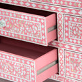 Mother of pearl inlay chest of drawers featuring intricate floral pattern in pink and white, handcrafted furniture piece