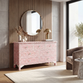 Mother of pearl inlay chest of drawers featuring intricate floral pattern in pink and white, handcrafted furniture piece