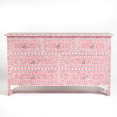 Mother of pearl inlay chest of drawers featuring intricate floral pattern in pink and white, handcrafted furniture piece