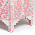Mother of pearl inlay chest of drawers featuring intricate floral pattern in pink and white, handcrafted furniture piece