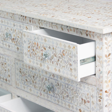 Mother of pearl inlay chest of drawers featuring intricate floral pattern in white and multitone, handcrafted furniture piece