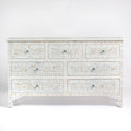 Mother of pearl inlay chest of drawers featuring intricate floral pattern in white and multitone, handcrafted furniture piece