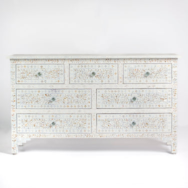 Mother of pearl inlay chest of drawers featuring intricate floral pattern in white and multitone, handcrafted furniture piece