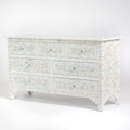Mother of pearl inlay chest of drawers featuring intricate floral pattern in white and multitone, handcrafted furniture piece