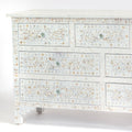 Mother of pearl inlay chest of drawers featuring intricate floral pattern in white and multitone, handcrafted furniture piece