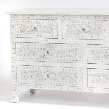 Mother of pearl inlay chest of drawers featuring intricate floral pattern in white and multitone, handcrafted furniture piece