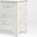 Mother of pearl inlay chest of drawers featuring intricate floral pattern in white and multitone, handcrafted furniture piece