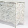Mother of pearl inlay chest of drawers featuring intricate floral pattern in white and multitone, handcrafted furniture piece