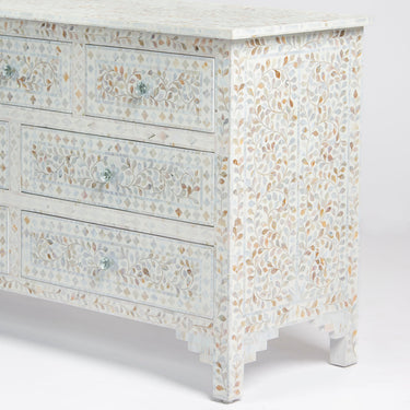 Mother of pearl inlay chest of drawers featuring intricate floral pattern in white and multitone, handcrafted furniture piece