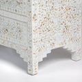 Mother of pearl inlay chest of drawers featuring intricate floral pattern in white and multitone, handcrafted furniture piece