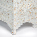 Mother of pearl inlay chest of drawers featuring intricate floral pattern in white and multitone, handcrafted furniture piece