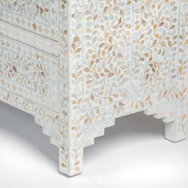 Mother of pearl inlay chest of drawers featuring intricate floral pattern in white and multitone, handcrafted furniture piece