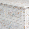 Mother of pearl inlay chest of drawers featuring intricate floral pattern in white and multitone, handcrafted furniture piece