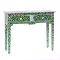Green mother of pearl inlay console with curved fully inlaid base, handcrafted with seamless iridescent detailing.
