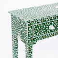 Green mother of pearl inlay console with curved fully inlaid base, handcrafted with seamless iridescent detailing.
