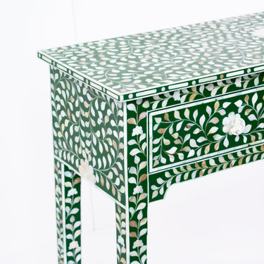 Green mother of pearl inlay console with curved fully inlaid base, handcrafted with seamless iridescent detailing.
