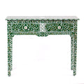 Green mother of pearl inlay console with curved fully inlaid base, handcrafted with seamless iridescent detailing.
