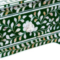 Green mother of pearl inlay console with curved fully inlaid base, handcrafted with seamless iridescent detailing.
