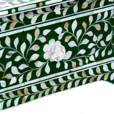 Green mother of pearl inlay console with curved fully inlaid base, handcrafted with seamless iridescent detailing.
