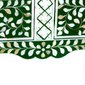 Green mother of pearl inlay console with curved fully inlaid base, handcrafted with seamless iridescent detailing.
