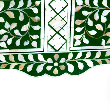 Green mother of pearl inlay console with curved fully inlaid base, handcrafted with seamless iridescent detailing.
