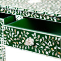 Green mother of pearl inlay console with curved fully inlaid base, handcrafted with seamless iridescent detailing.
