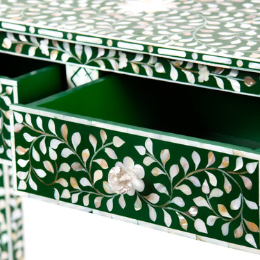 Green mother of pearl inlay console with curved fully inlaid base, handcrafted with seamless iridescent detailing.
