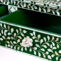 Green mother of pearl inlay console with curved fully inlaid base, handcrafted with seamless iridescent detailing.
