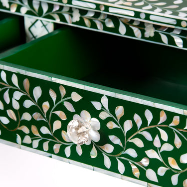 Green mother of pearl inlay console with curved fully inlaid base, handcrafted with seamless iridescent detailing.
